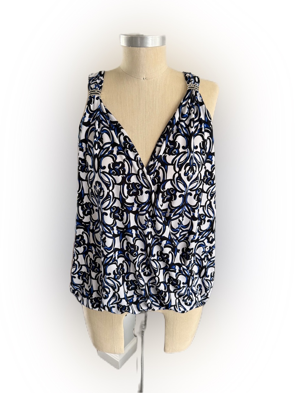 White House Black Market Blue and White Floral Swirl With Metal Detail. Size L